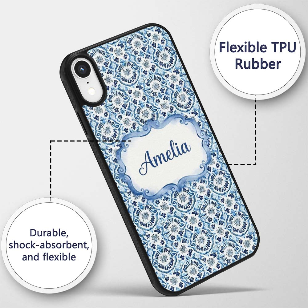 Blue Floral Abstract Botanical Seamless Pattern Custom Name Protective Phone Case Mobile Cover Durable Everyday Smartphone Shock Resistant