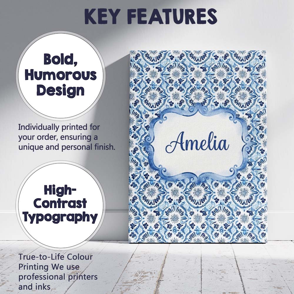 Personalised Name Blue Floral Abstract Custom Modern Room Accent Elegant Feature Canvas Wall Art Print Decor Picture Ready to Hang