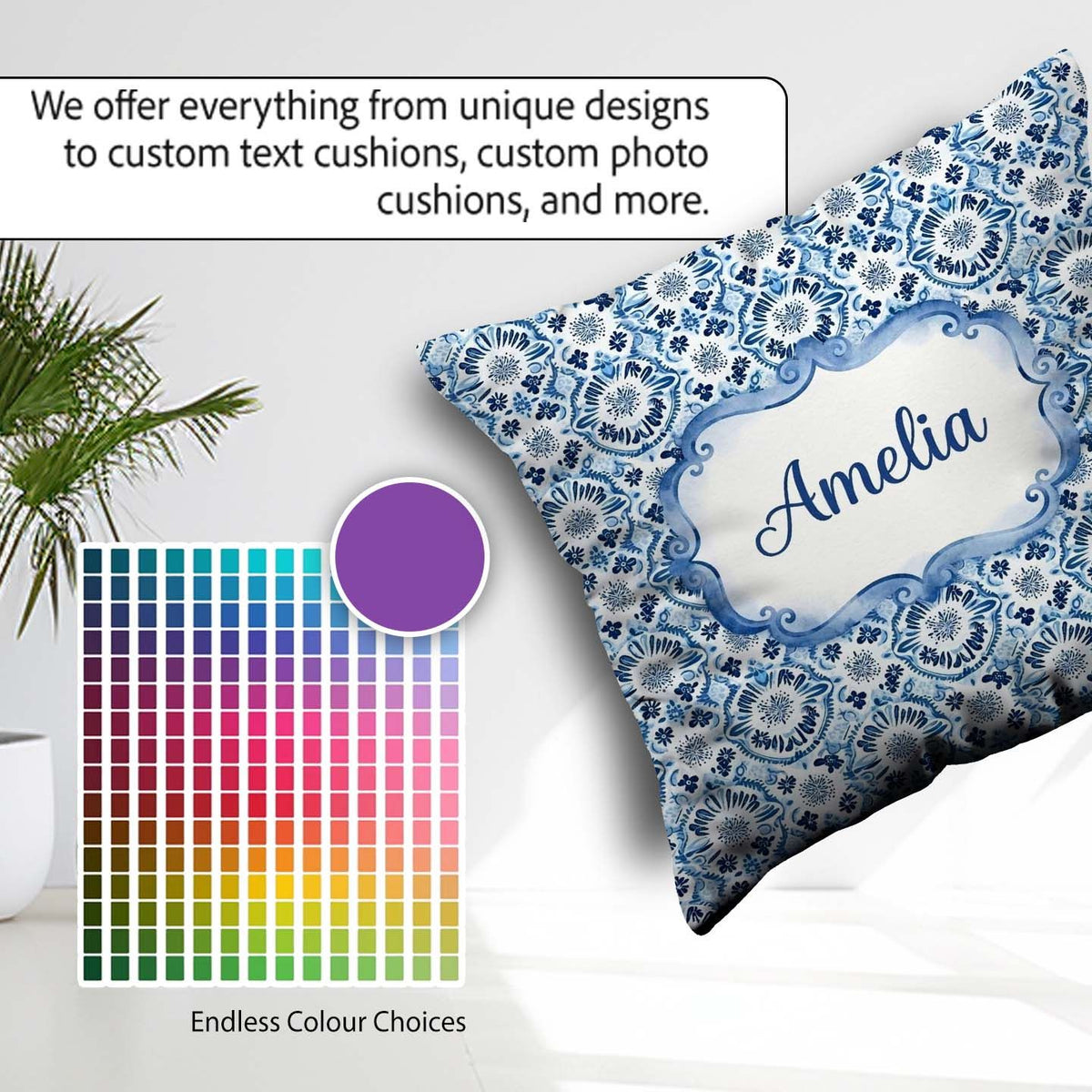 Custom Name Blue Floral Abstract Botanical Seamless Pattern Name Square Filled Cushion Throw Pillow Sofa Bed Home Decor Zip Washable UK Made