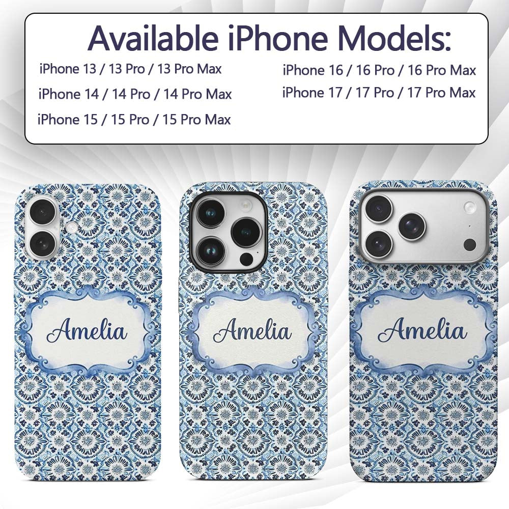 Blue Floral Abstract Botanical Seamless Pattern Custom Name Protective Phone Case Mobile Cover Durable Everyday Smartphone Shock Resistant