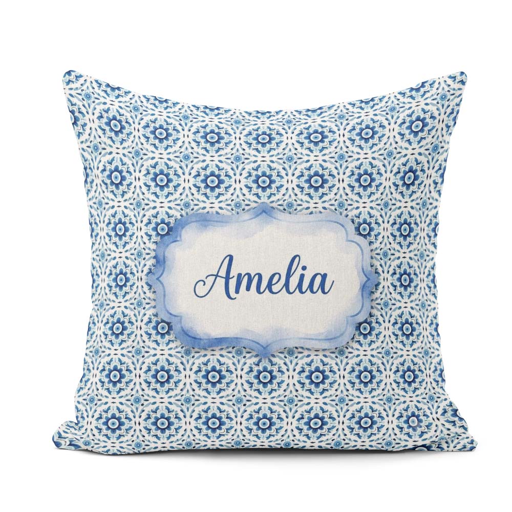 Custom Name Blue Geometric Tile Floral Repeat Seamless Name Cute Square Filled Cushion Throw Pillow Sofa Bed Home Decor Zip Washable UK Made