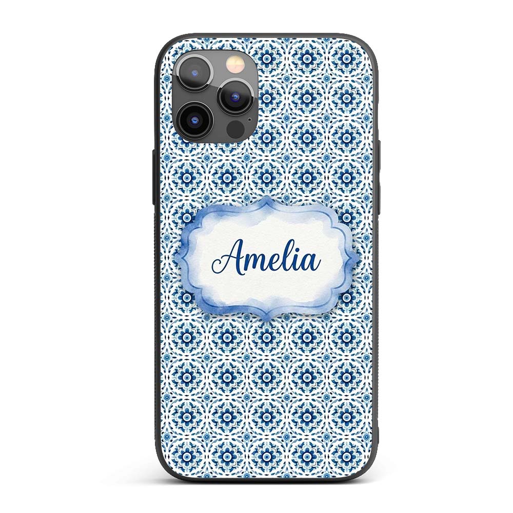 Blue Geometric Tile Floral Repeat Printed Design Custom Name Protective Phone Case Mobile Cover Durable Everyday Smartphone Shock Resistant