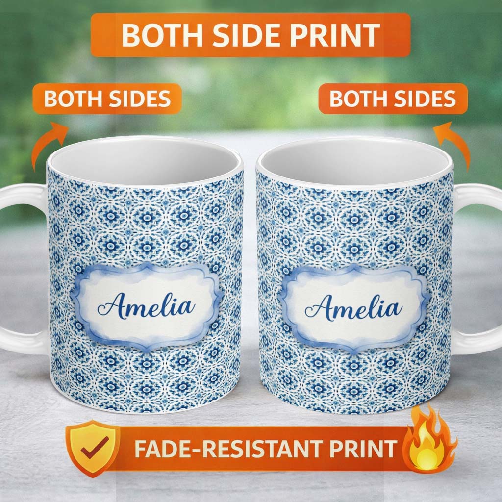 Personalized Custom Name Blue Geometric Tile Floral Repeat Seamless Pattern Name Cute Unique 11oz Ceramic Coffee Tea Mug White Large Handle