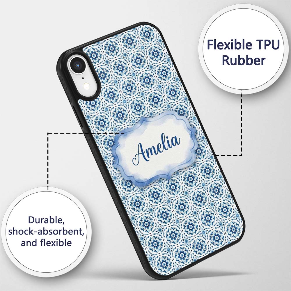 Blue Geometric Tile Floral Repeat Printed Design Custom Name Protective Phone Case Mobile Cover Durable Everyday Smartphone Shock Resistant