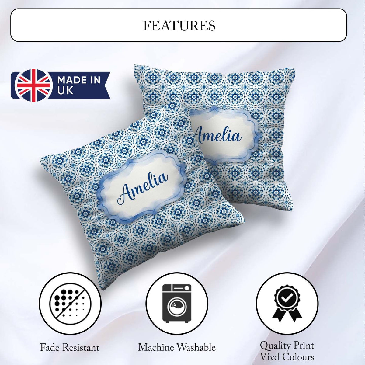 Custom Name Blue Geometric Tile Floral Repeat Seamless Name Cute Square Filled Cushion Throw Pillow Sofa Bed Home Decor Zip Washable UK Made