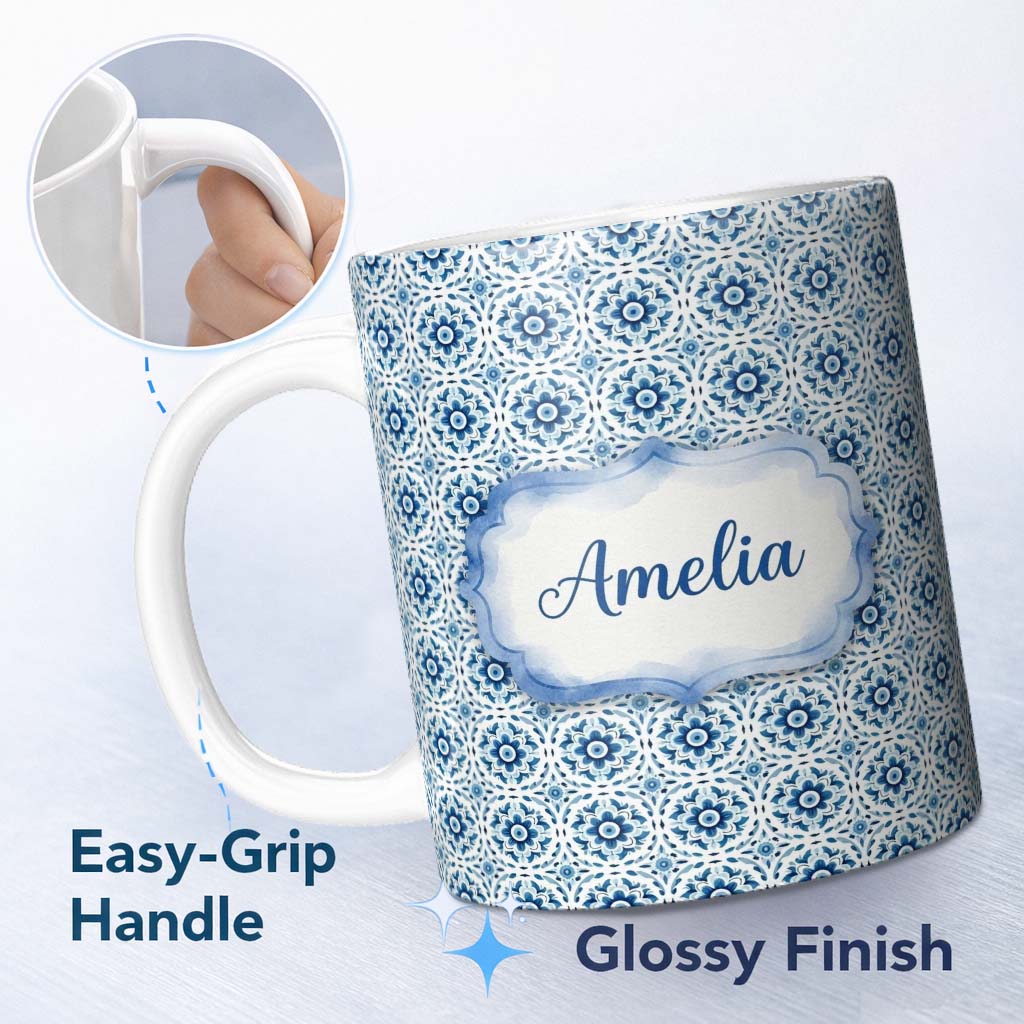 Personalized Custom Name Blue Geometric Tile Floral Repeat Seamless Pattern Name Cute Unique 11oz Ceramic Coffee Tea Mug White Large Handle