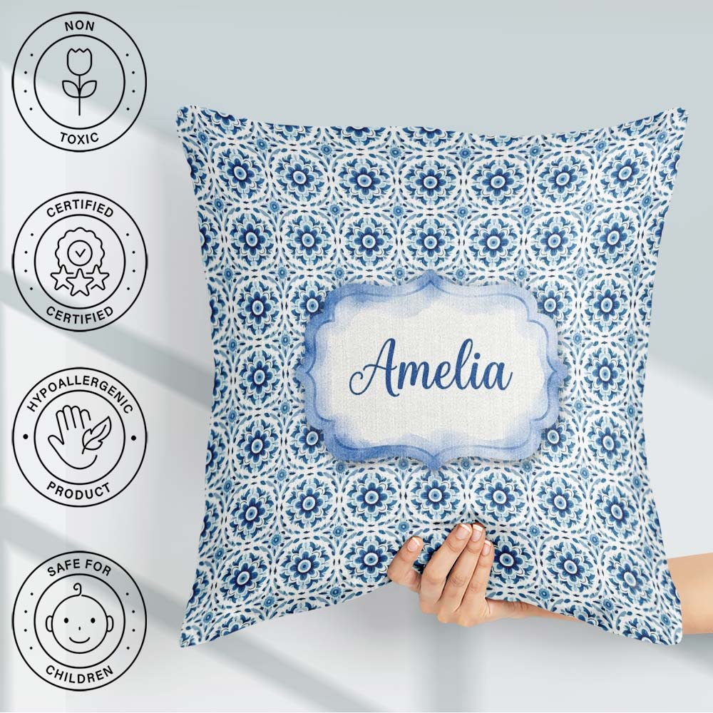 Custom Name Blue Geometric Tile Floral Repeat Seamless Name Cute Square Filled Cushion Throw Pillow Sofa Bed Home Decor Zip Washable UK Made