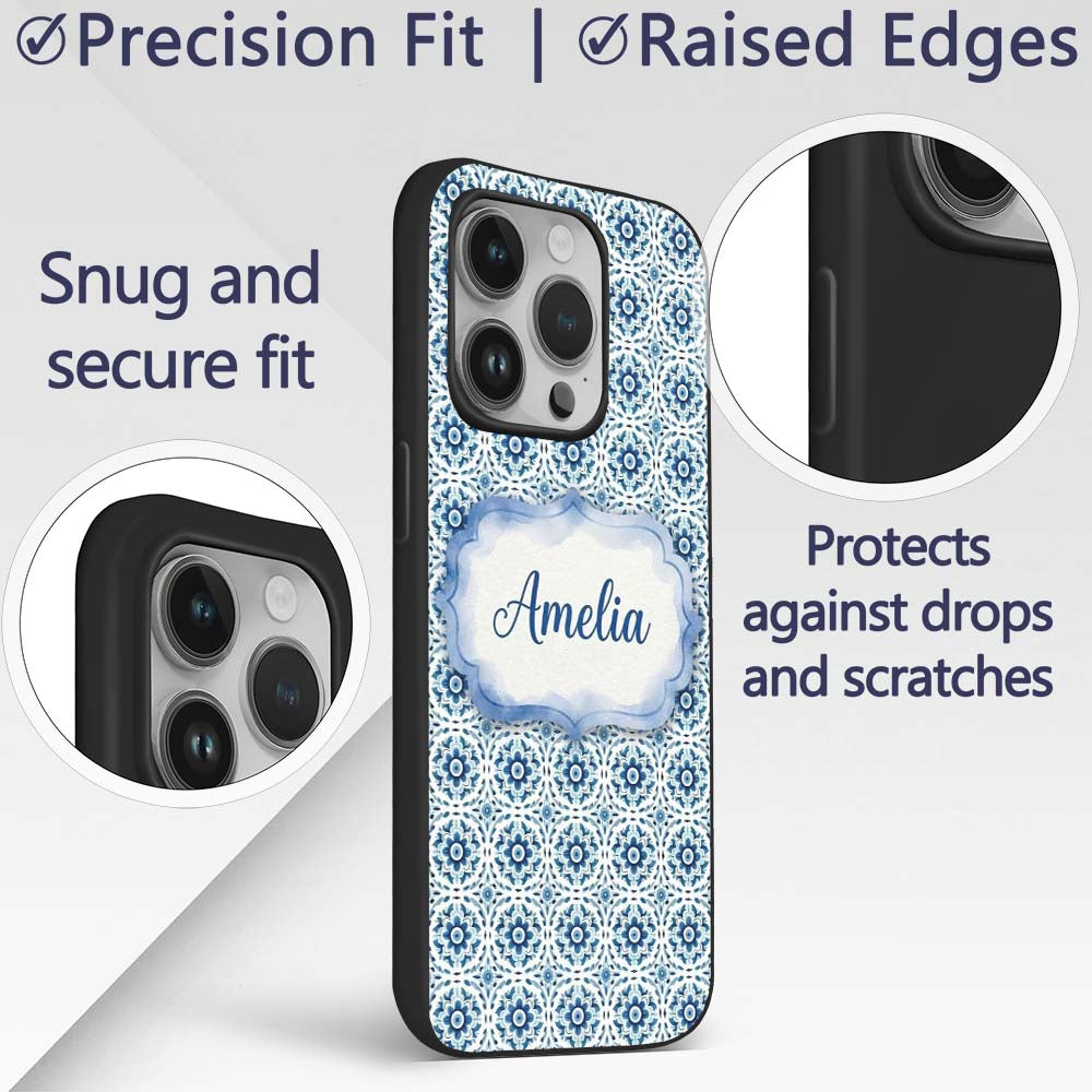 Blue Geometric Tile Floral Repeat Printed Design Custom Name Protective Phone Case Mobile Cover Durable Everyday Smartphone Shock Resistant