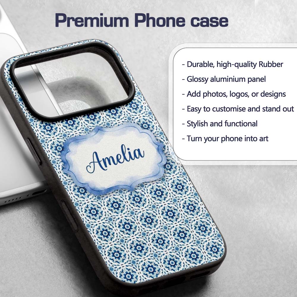 Blue Geometric Tile Floral Repeat Printed Design Custom Name Protective Phone Case Mobile Cover Durable Everyday Smartphone Shock Resistant
