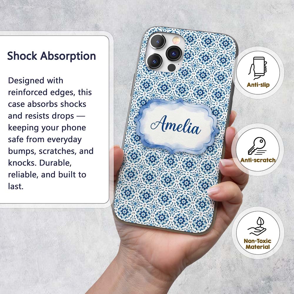 Blue Geometric Tile Floral Repeat Printed Design Custom Name Protective Phone Case Mobile Cover Durable Everyday Smartphone Shock Resistant