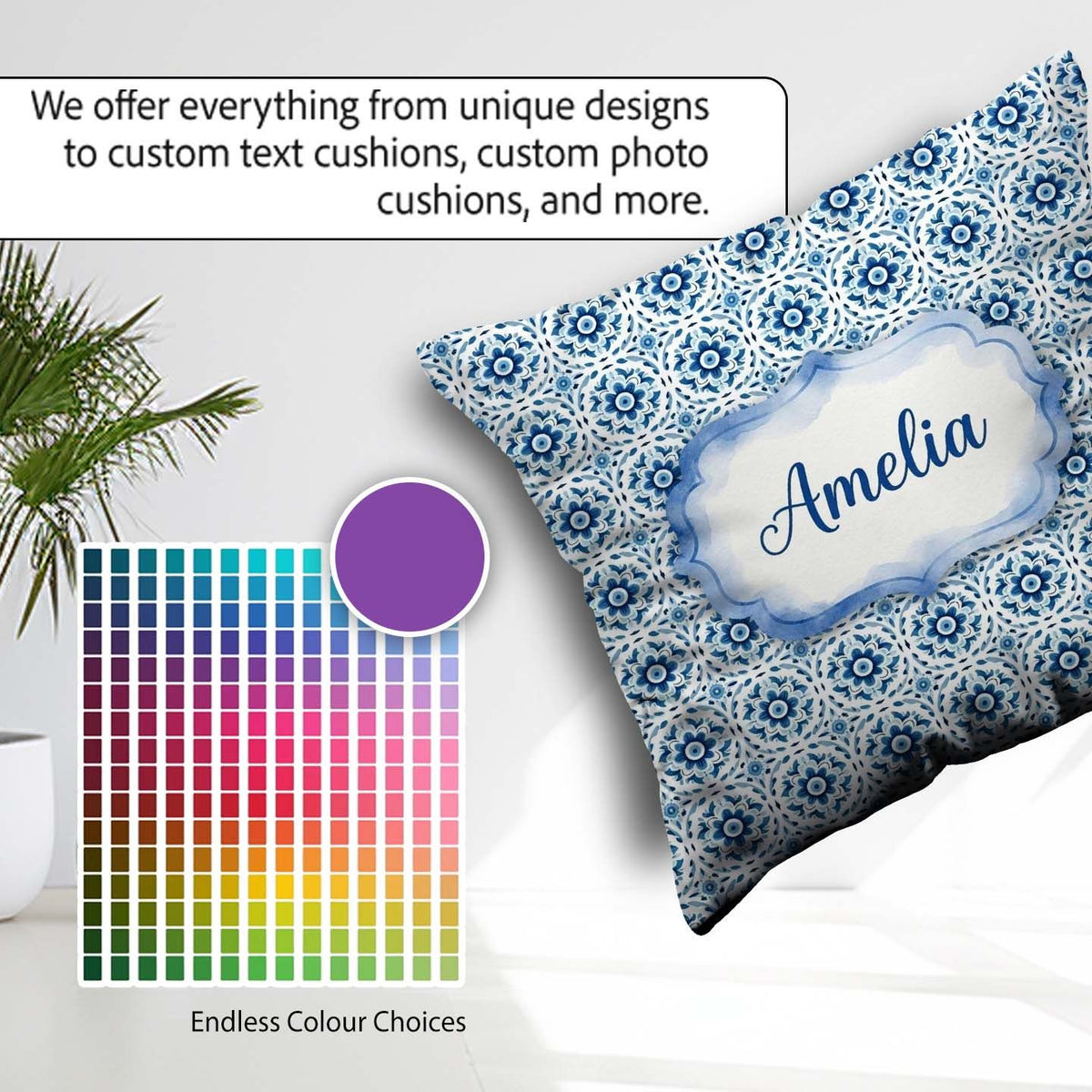 Custom Name Blue Geometric Tile Floral Repeat Seamless Name Cute Square Filled Cushion Throw Pillow Sofa Bed Home Decor Zip Washable UK Made