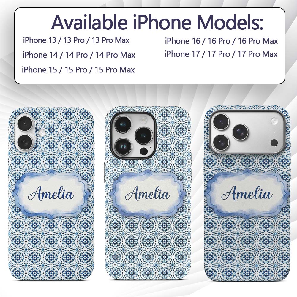 Blue Geometric Tile Floral Repeat Printed Design Custom Name Protective Phone Case Mobile Cover Durable Everyday Smartphone Shock Resistant