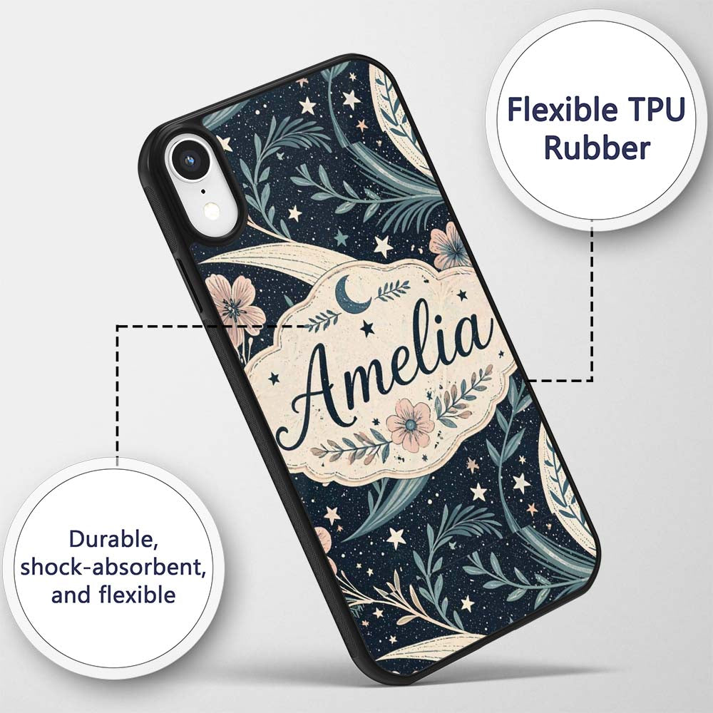Botanical Crescent Moon Floral Night Seamless Custom Name Protective Phone Case Mobile Cover Durable Everyday Smartphone Shock Resistant