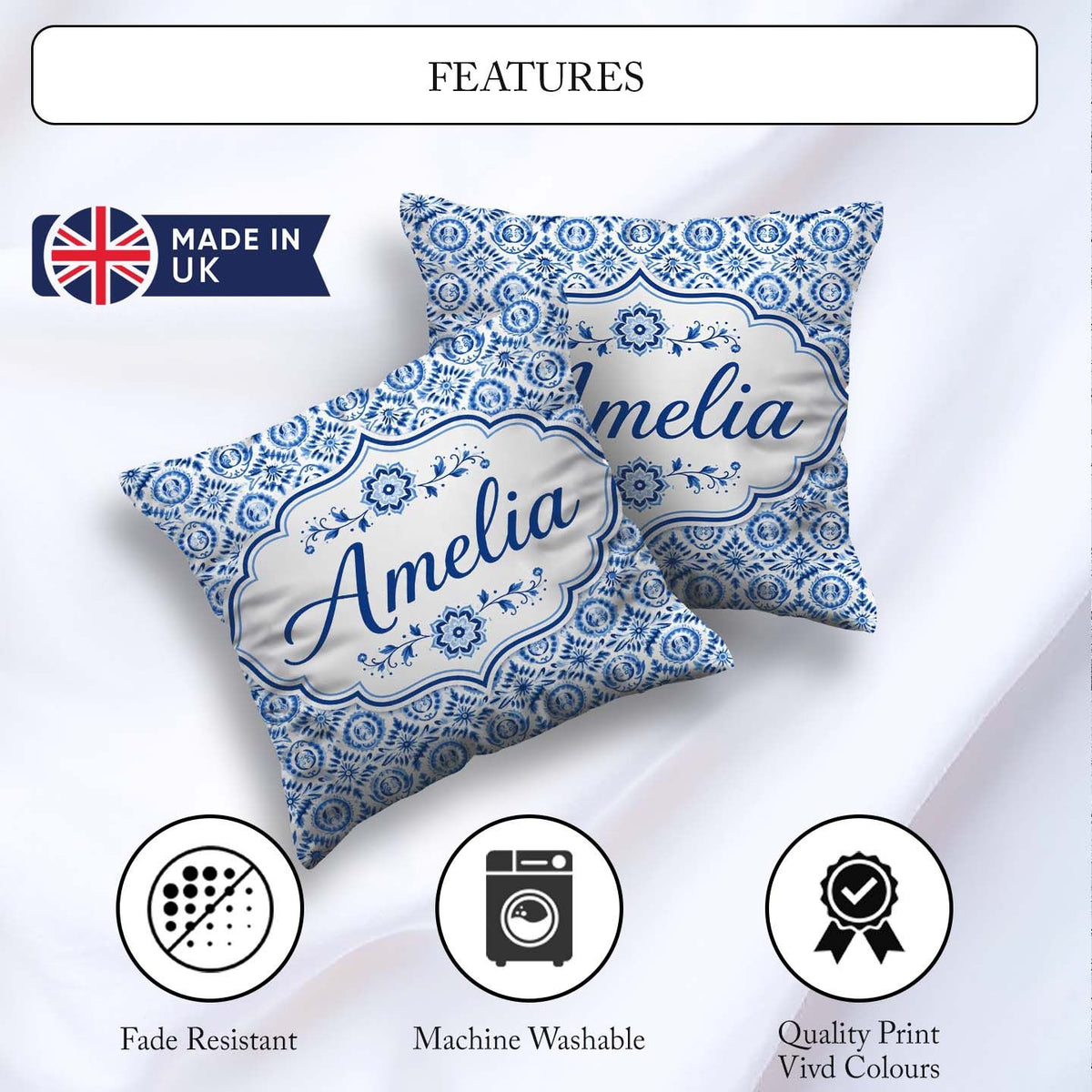 Custom Name Blue Folk Art Ornamental Seamless Pattern Name Cute Square Filled Cushion Throw Pillow Sofa Bed Home Decor Zip Washable UK Made