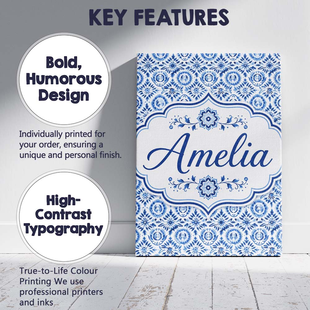 Personalised Name Blue Folk Ornamental Custom Modern Room Accent Elegant Feature Canvas Wall Art Print Decor Picture Ready to Hang