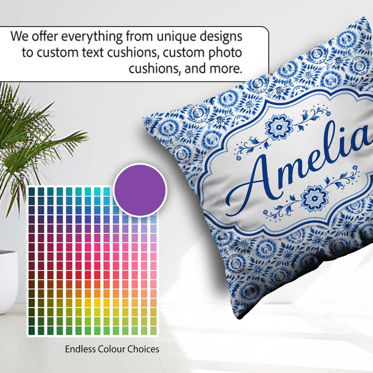 Custom Name Blue Folk Art Ornamental Seamless Pattern Name Cute Square Filled Cushion Throw Pillow Sofa Bed Home Decor Zip Washable UK Made