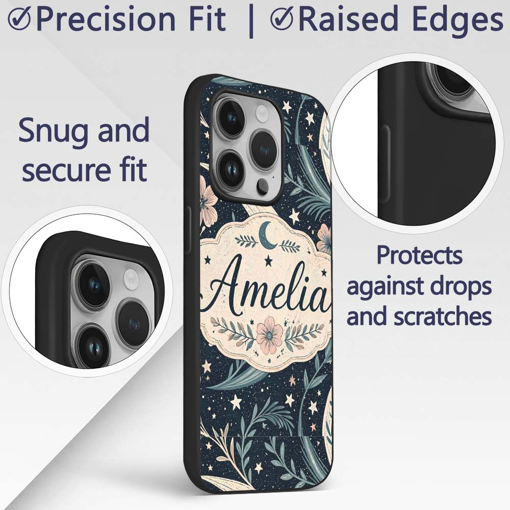 Botanical Crescent Moon Floral Night Seamless Custom Name Protective Phone Case Mobile Cover Durable Everyday Smartphone Shock Resistant
