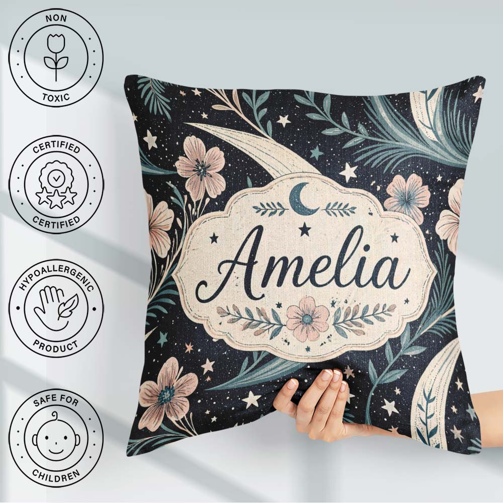 Custom Name Botanical Crescent Moon Floral Night Seamless Lovely Square Filled Cushion Throw Pillow Sofa Bed Home Decor Zip Washable UK Made