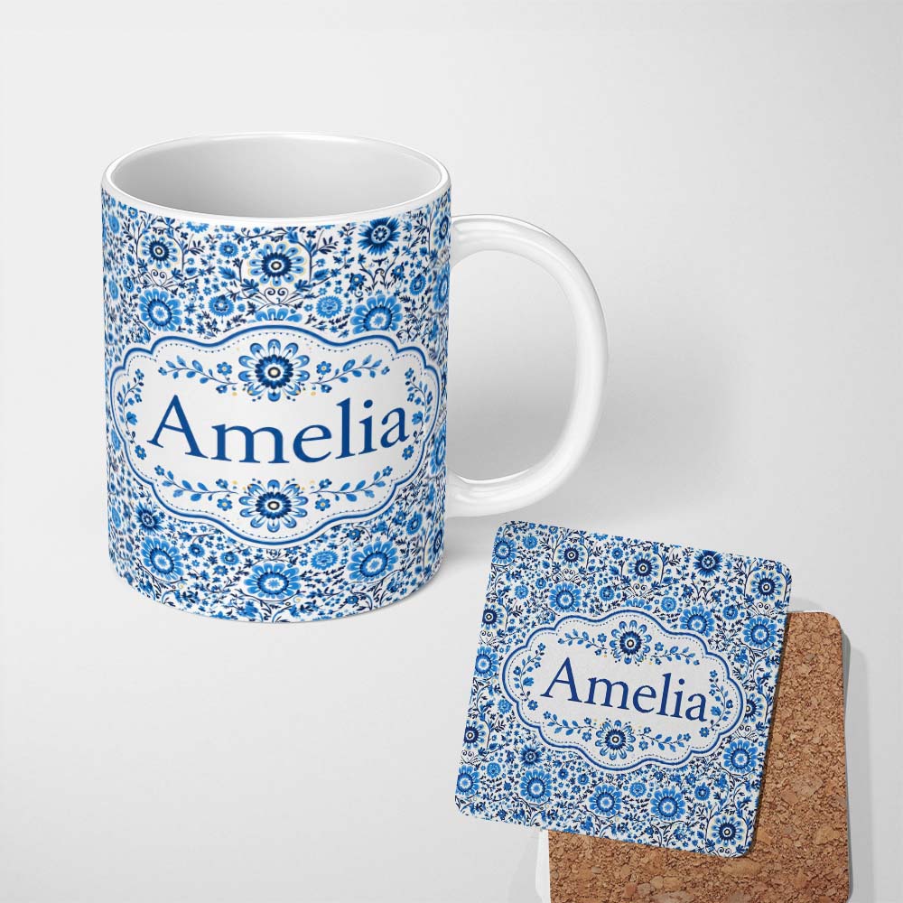 Personalized Custom Name Blue Botanical Floral Vine Seamless Pattern Name Cute Unique Gift 11oz Ceramic Coffee Tea Mug White Large Handle