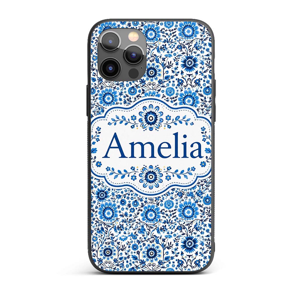 Blue Botanical Floral Vine Seamless Pattern Name Custom Name Protective Phone Case Mobile Cover Durable Everyday Smartphone Shock Resistant