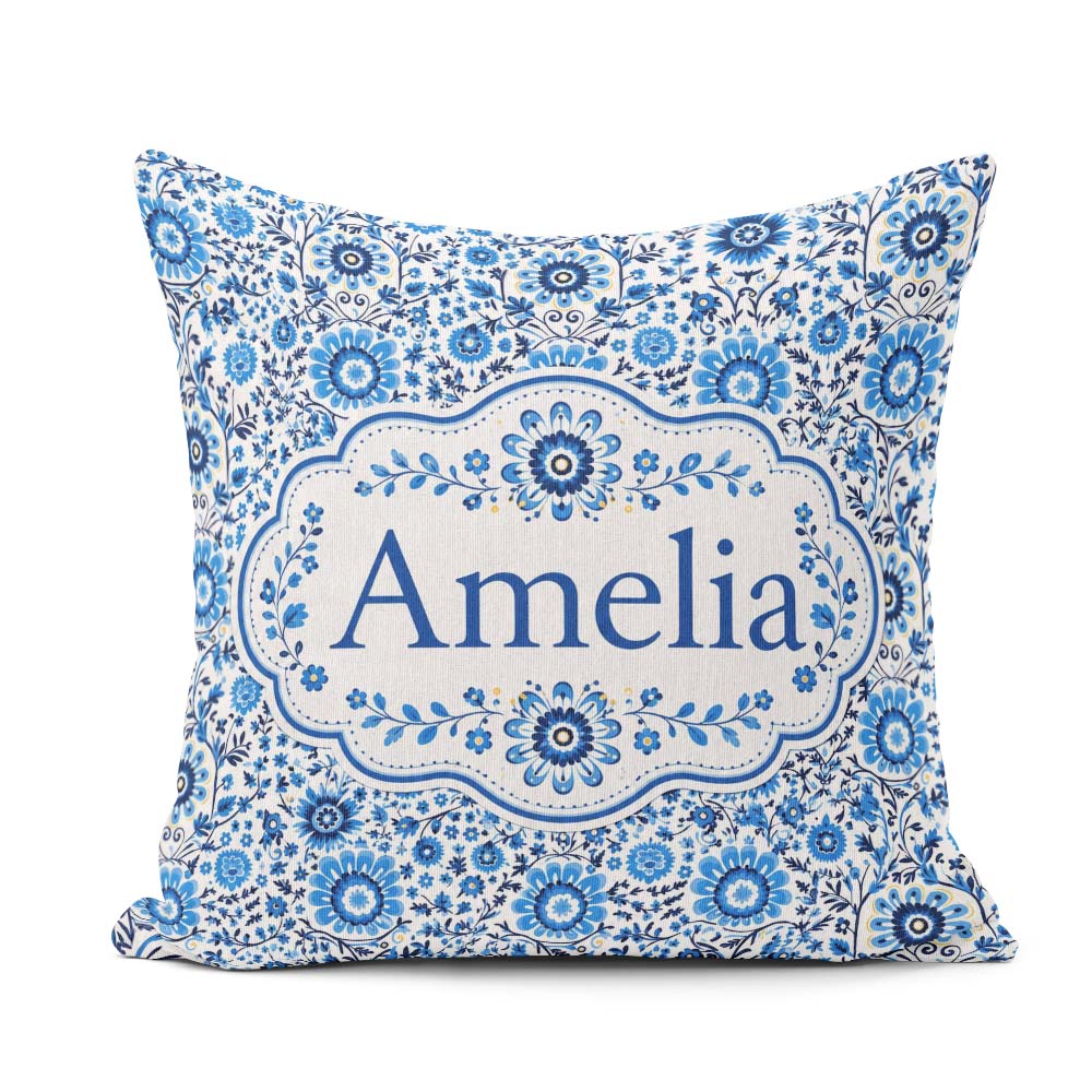 Custom Name Blue Botanical Floral Vine Seamless Pattern Name Square Filled Cushion Throw Pillow Sofa Bed Home Decor Zip Washable UK Made
