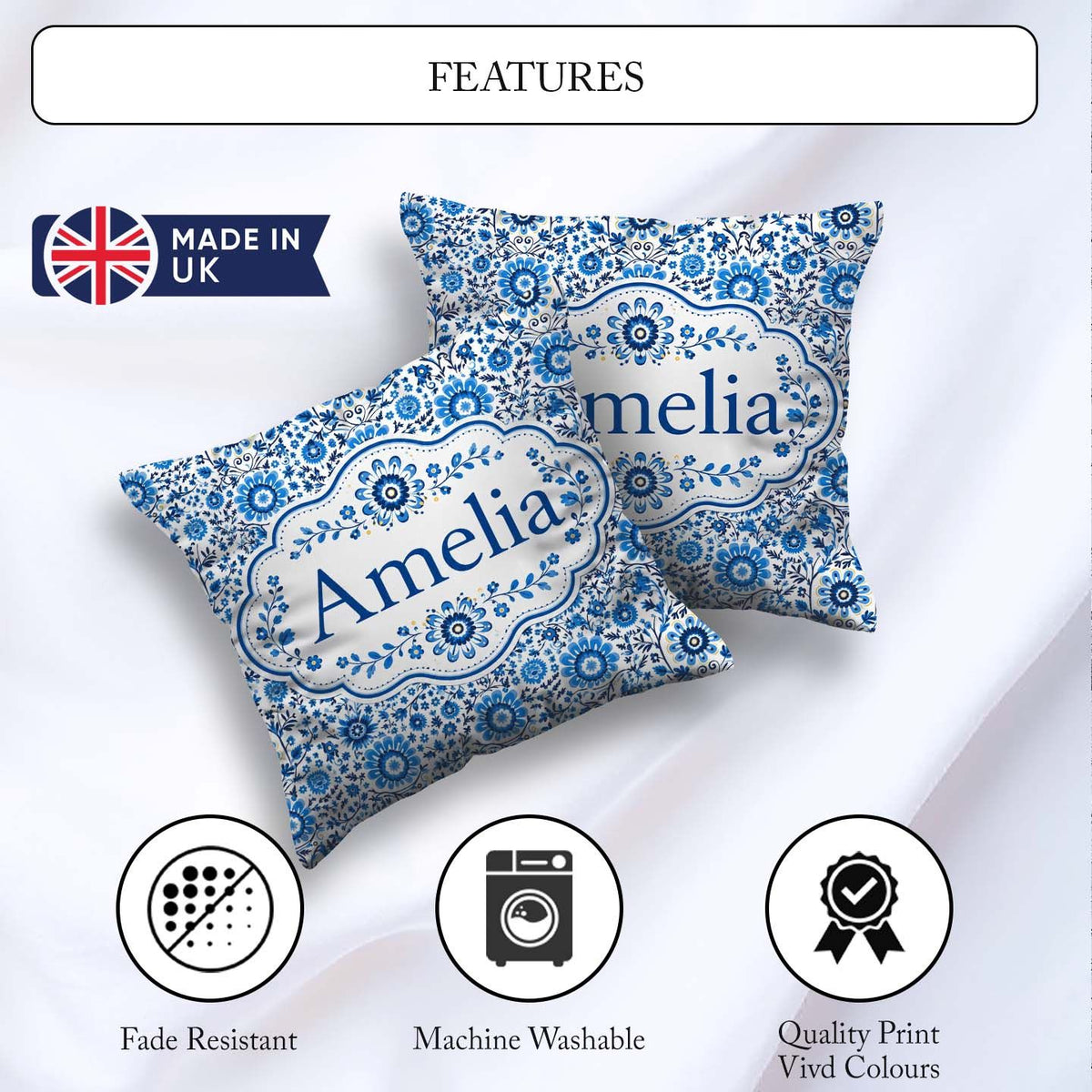 Custom Name Blue Botanical Floral Vine Seamless Pattern Name Square Filled Cushion Throw Pillow Sofa Bed Home Decor Zip Washable UK Made