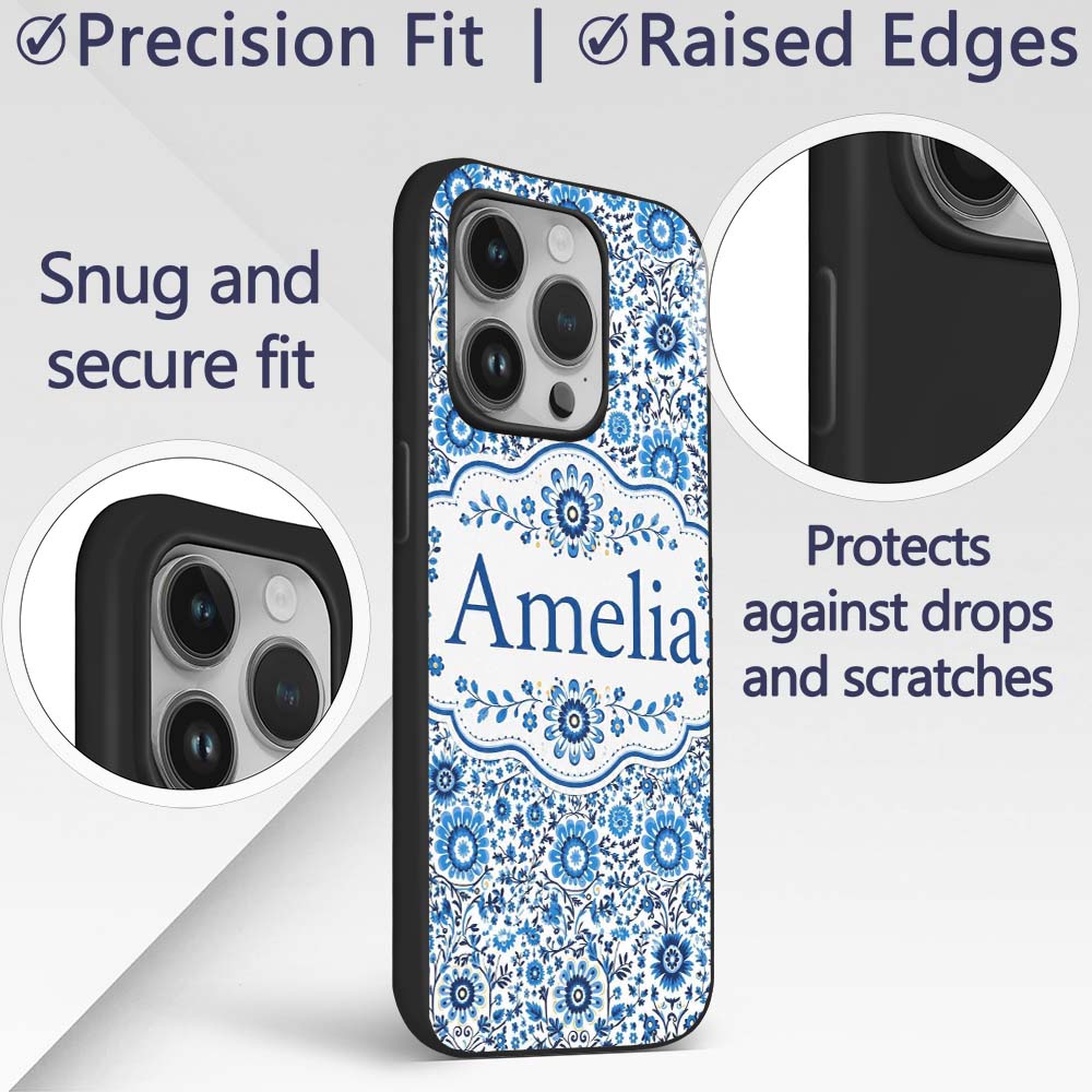 Blue Botanical Floral Vine Seamless Pattern Name Custom Name Protective Phone Case Mobile Cover Durable Everyday Smartphone Shock Resistant