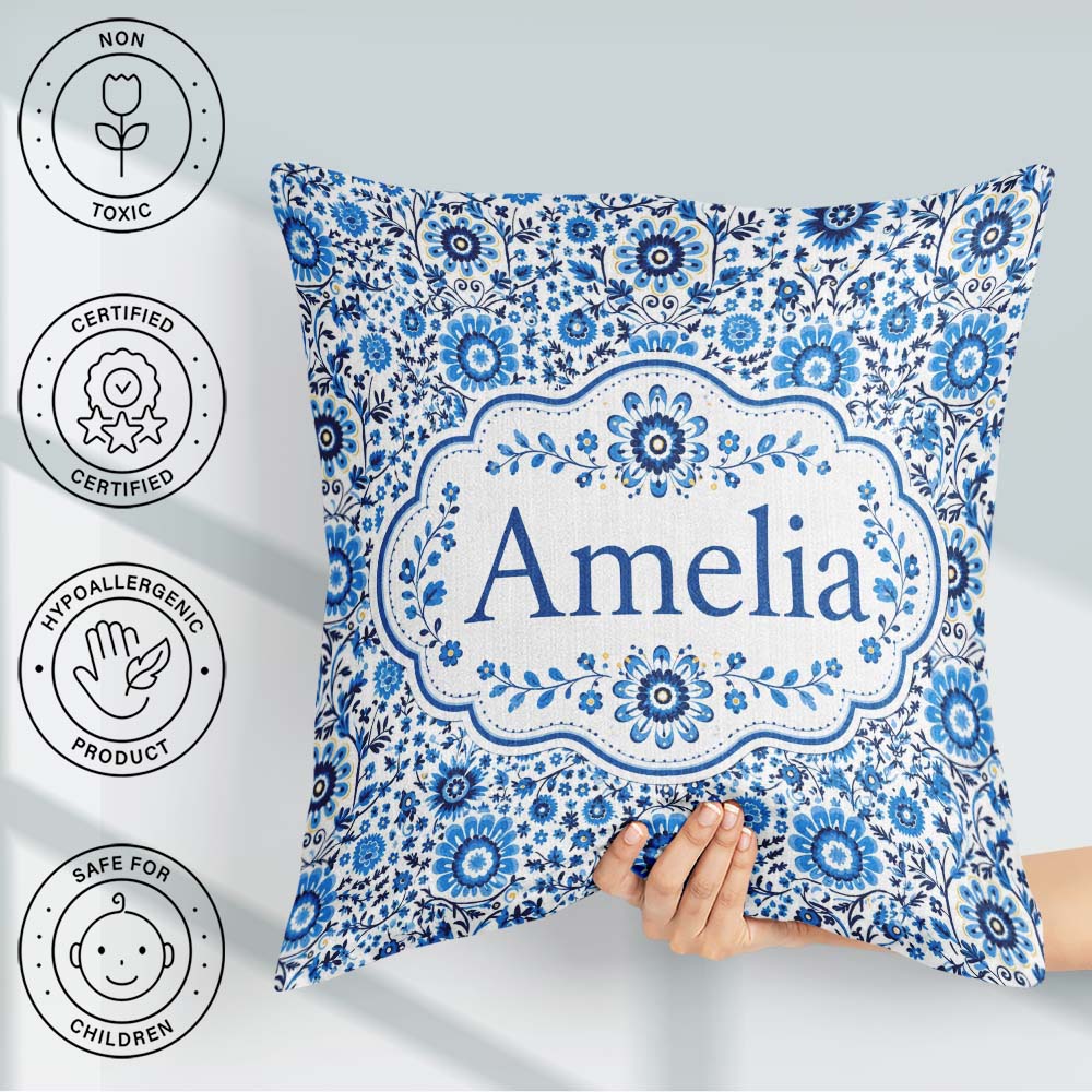Custom Name Blue Botanical Floral Vine Seamless Pattern Name Square Filled Cushion Throw Pillow Sofa Bed Home Decor Zip Washable UK Made