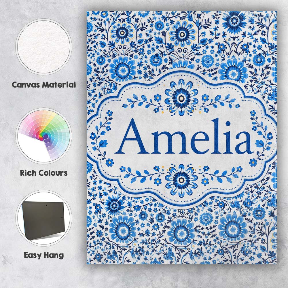Personalised Name Blue Botanical Floral Custom Modern Room Accent Elegant Feature Canvas Wall Art Print Decor Picture Ready to Hang