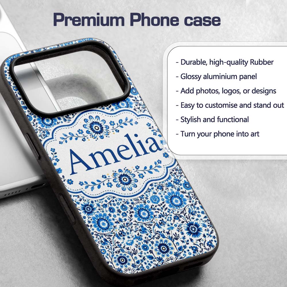 Blue Botanical Floral Vine Seamless Pattern Name Custom Name Protective Phone Case Mobile Cover Durable Everyday Smartphone Shock Resistant
