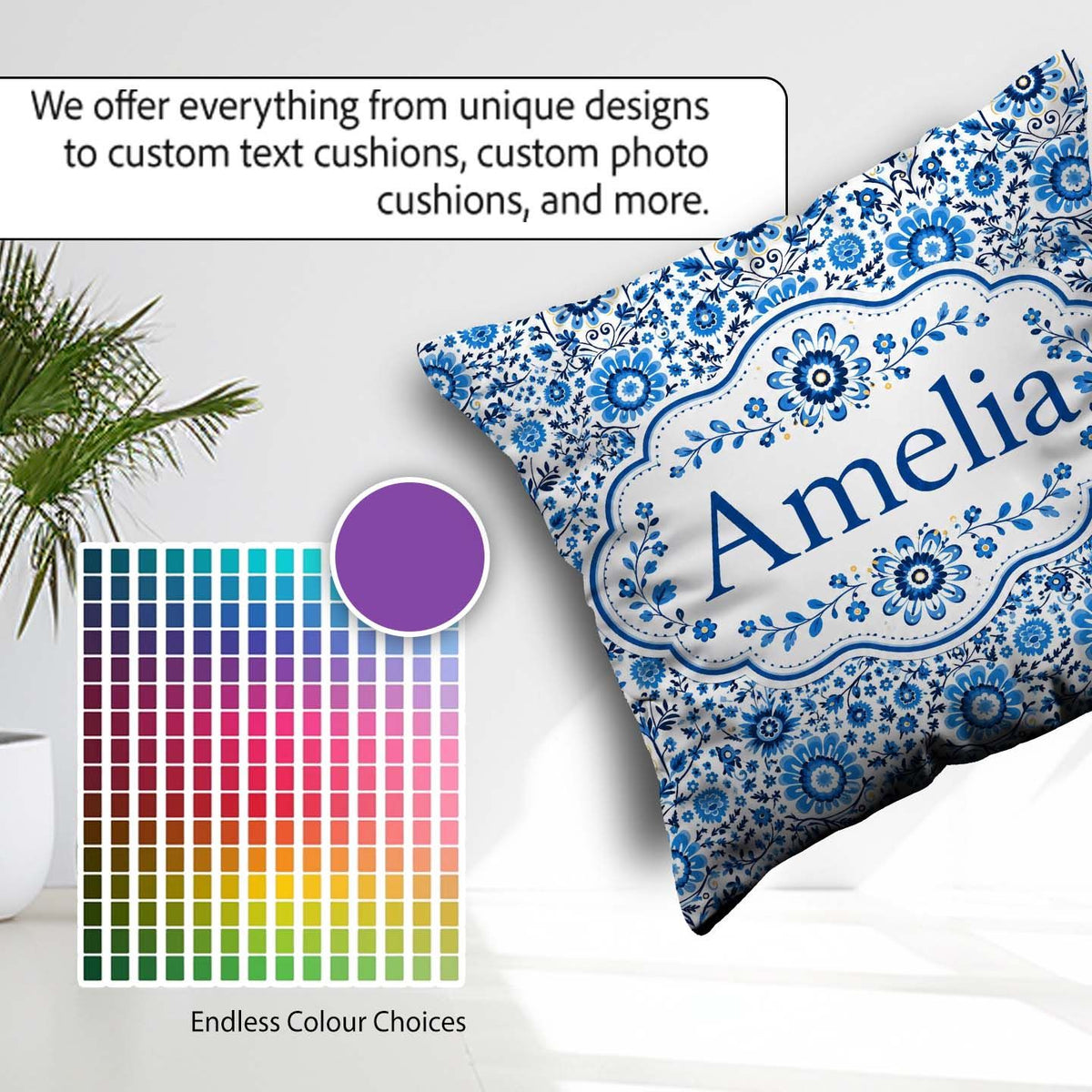 Custom Name Blue Botanical Floral Vine Seamless Pattern Name Square Filled Cushion Throw Pillow Sofa Bed Home Decor Zip Washable UK Made