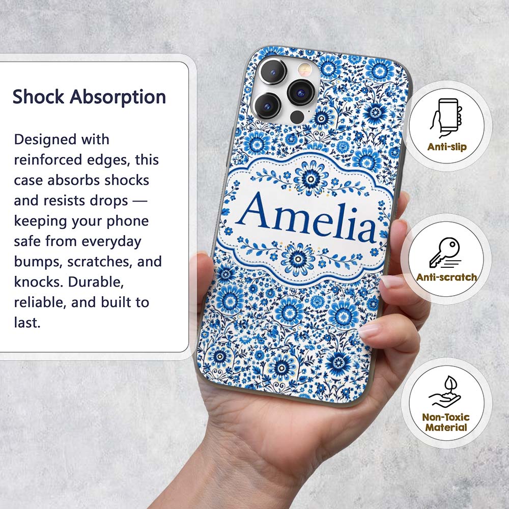 Blue Botanical Floral Vine Seamless Pattern Name Custom Name Protective Phone Case Mobile Cover Durable Everyday Smartphone Shock Resistant