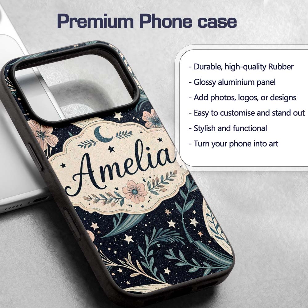 Botanical Crescent Moon Floral Night Seamless Custom Name Protective Phone Case Mobile Cover Durable Everyday Smartphone Shock Resistant