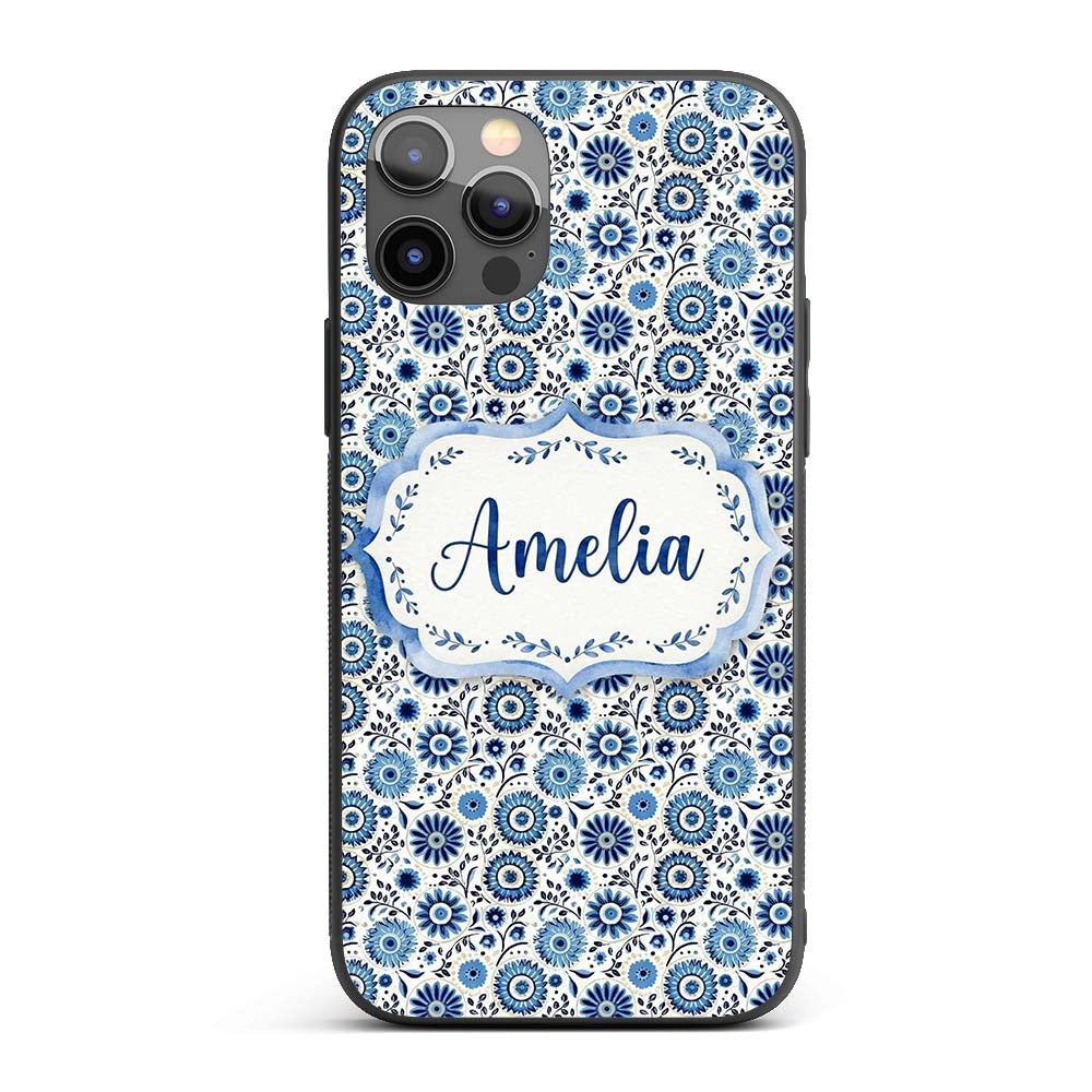 Blue Flower Power Seamless Pattern Name Cute Custom Name Protective Phone Case Mobile Cover Durable Everyday Smartphone Shock Resistant