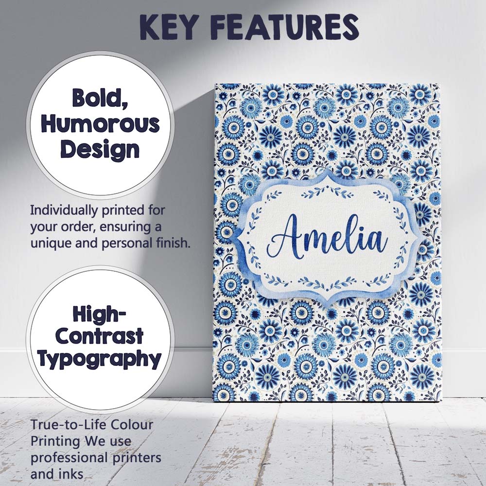 Personalised Name Blue Flower Power Seamless Custom Bespoke Contemporary Display Canvas Wall Art Print Decor Picture Ready to Hang