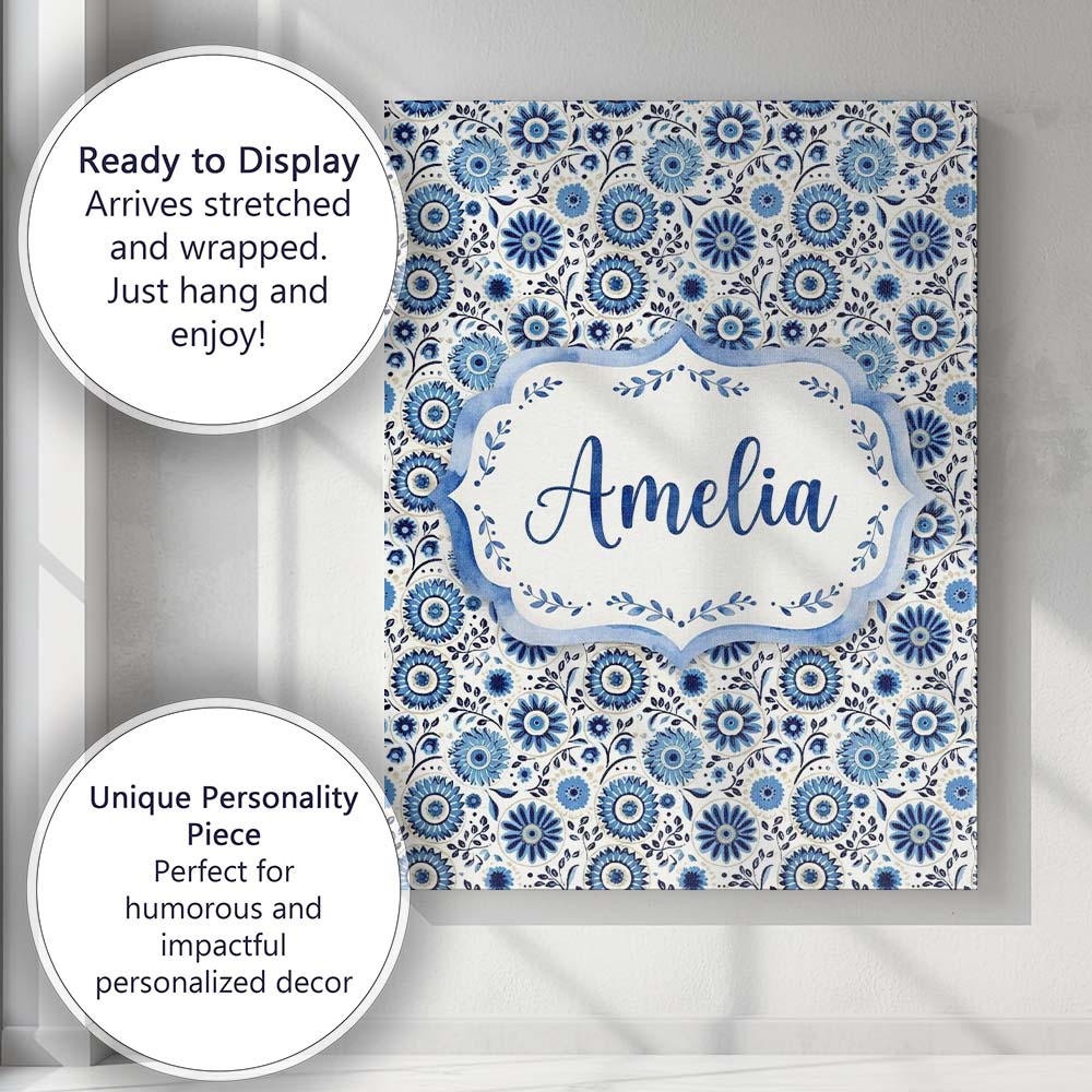 Personalised Name Blue Flower Power Seamless Custom Bespoke Contemporary Display Canvas Wall Art Print Decor Picture Ready to Hang