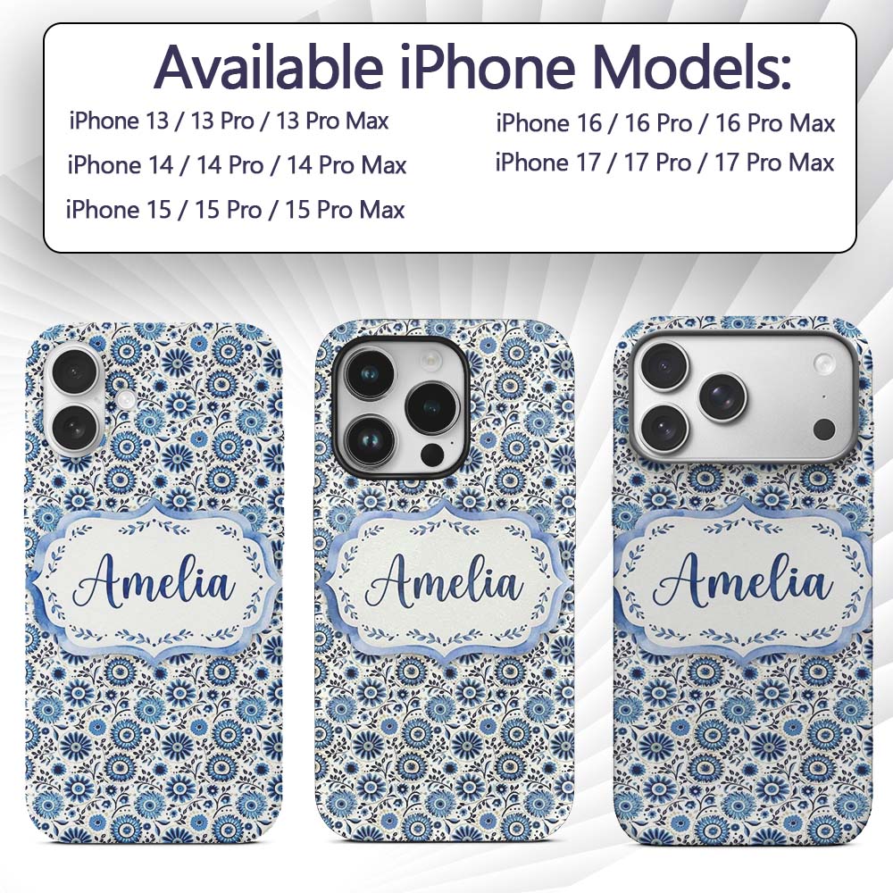 Blue Flower Power Seamless Pattern Name Cute Custom Name Protective Phone Case Mobile Cover Durable Everyday Smartphone Shock Resistant
