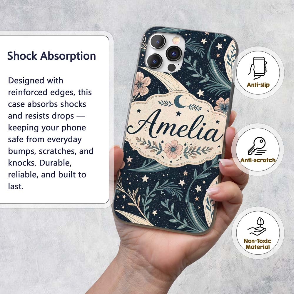 Botanical Crescent Moon Floral Night Seamless Custom Name Protective Phone Case Mobile Cover Durable Everyday Smartphone Shock Resistant