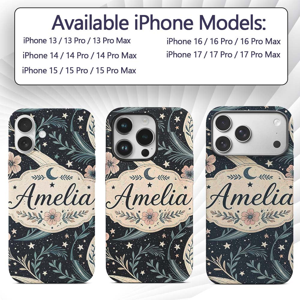 Botanical Crescent Moon Floral Night Seamless Custom Name Protective Phone Case Mobile Cover Durable Everyday Smartphone Shock Resistant