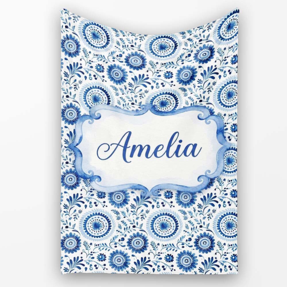 Blue Folk Art Floral Paisley Seamless Pattern Cute Personalised Custom Name Super Soft Fleece Blanket Bed Sofa Throw