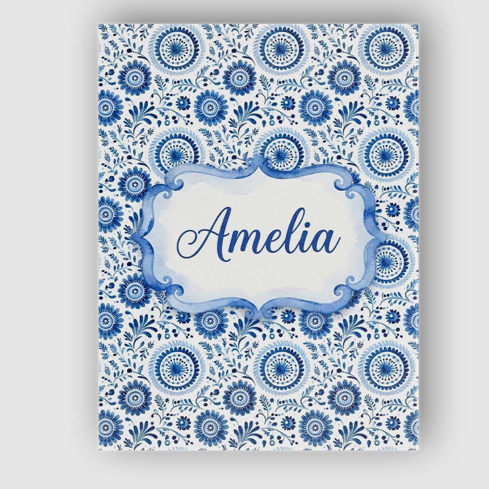 Personalised Name Blue Folk Floral Custom Stylish Home Interior Unique Gift Idea Canvas Wall Art Print Decor Picture Ready to Hang