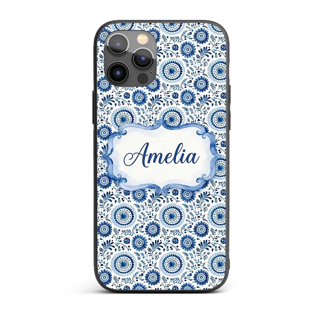 Blue Folk Art Floral Paisley Seamless Pattern Custom Name Protective Phone Case Mobile Cover Durable Everyday Smartphone Shock Resistant