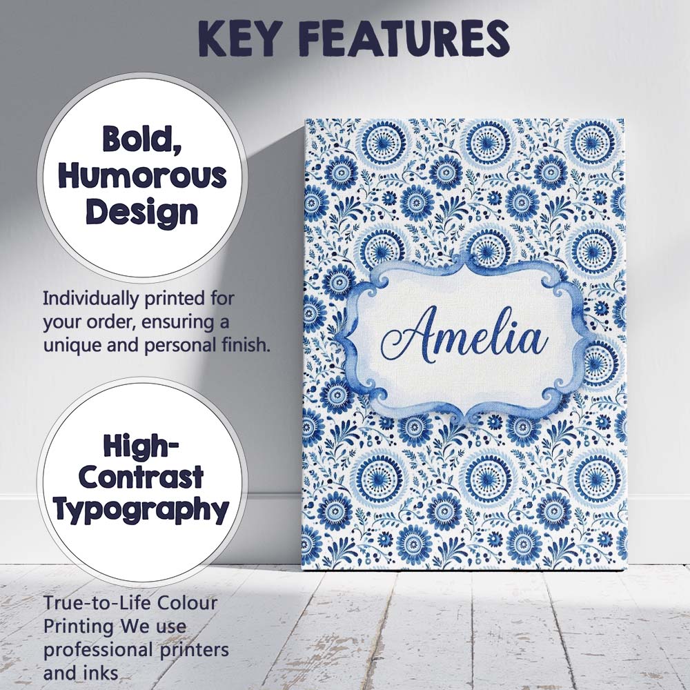 Personalised Name Blue Folk Floral Custom Stylish Home Interior Unique Gift Idea Canvas Wall Art Print Decor Picture Ready to Hang