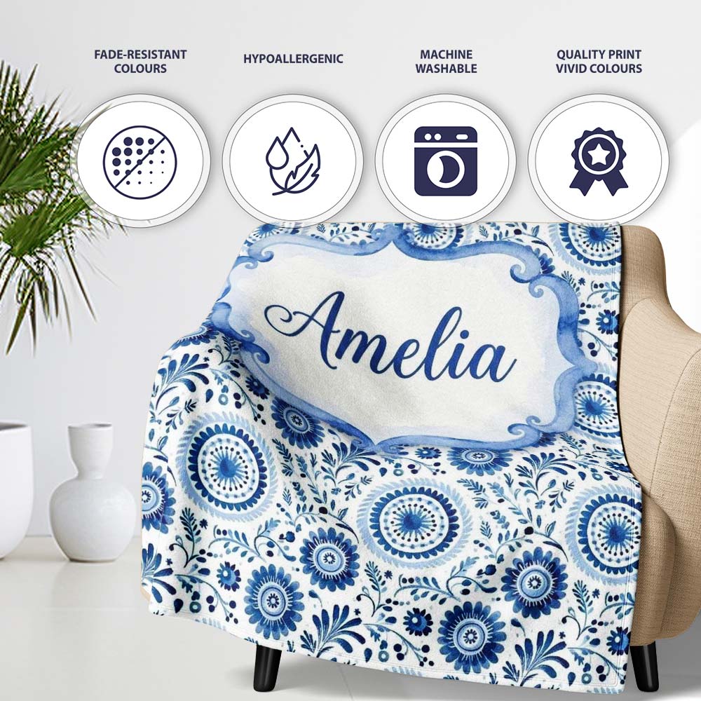 Blue Folk Art Floral Paisley Seamless Pattern Cute Personalised Custom Name Super Soft Fleece Blanket Bed Sofa Throw