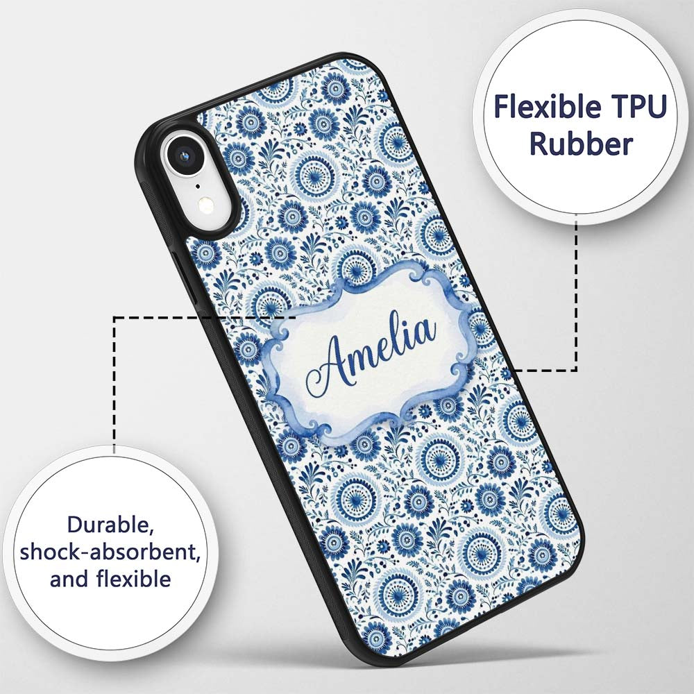 Blue Folk Art Floral Paisley Seamless Pattern Custom Name Protective Phone Case Mobile Cover Durable Everyday Smartphone Shock Resistant