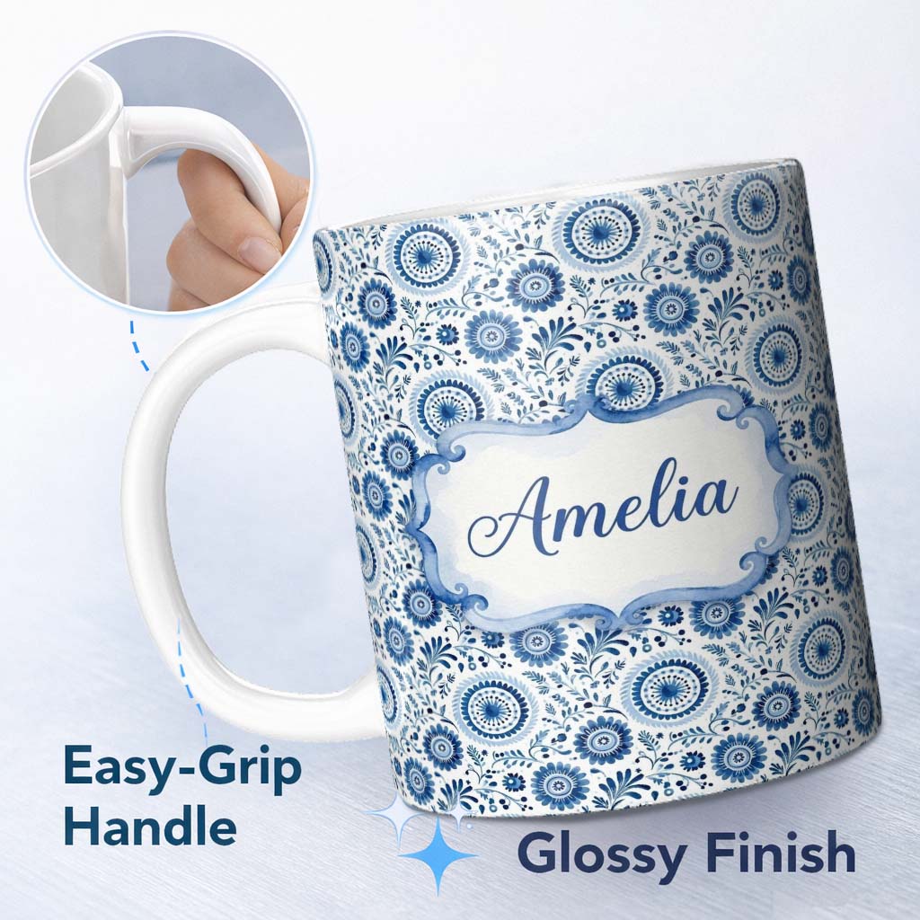 Personalized Custom Name Blue Folk Art Floral Paisley Seamless Pattern Custom Name Cute 11oz Ceramic Coffee Tea Mug White Large Handle