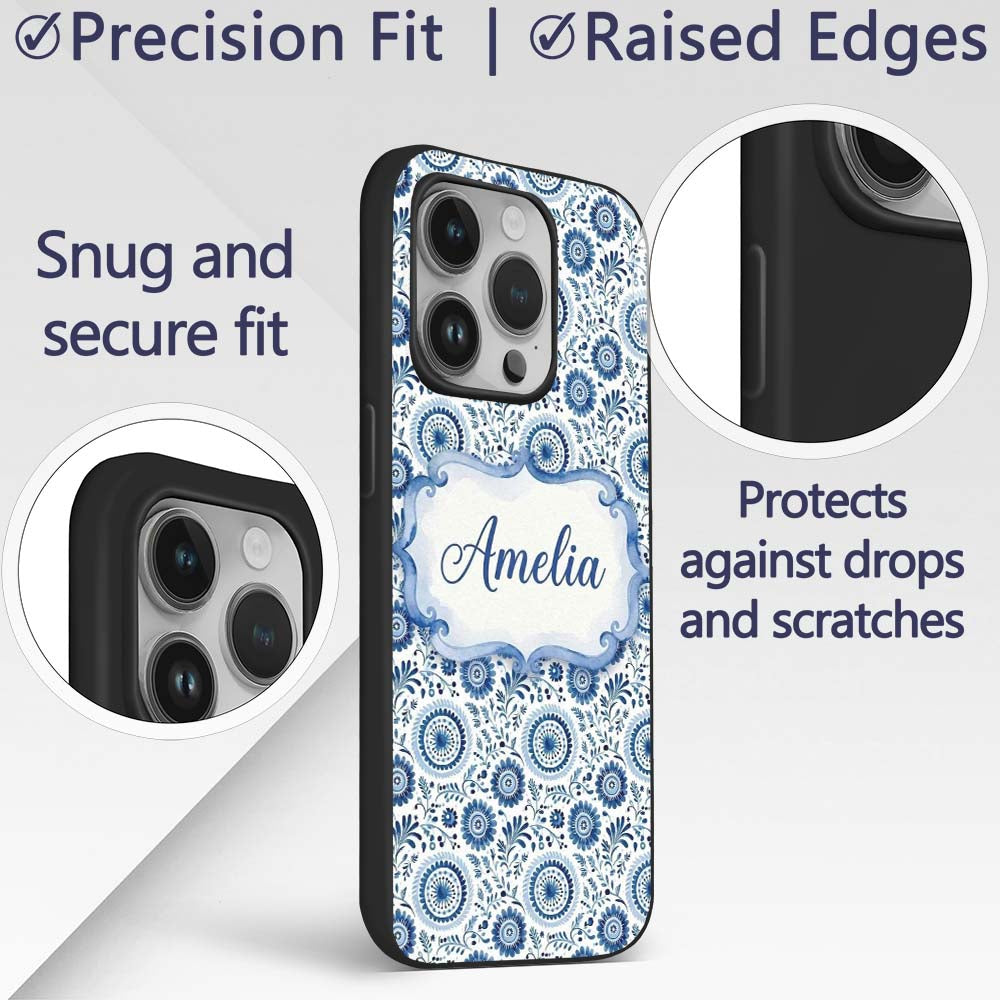 Blue Folk Art Floral Paisley Seamless Pattern Custom Name Protective Phone Case Mobile Cover Durable Everyday Smartphone Shock Resistant