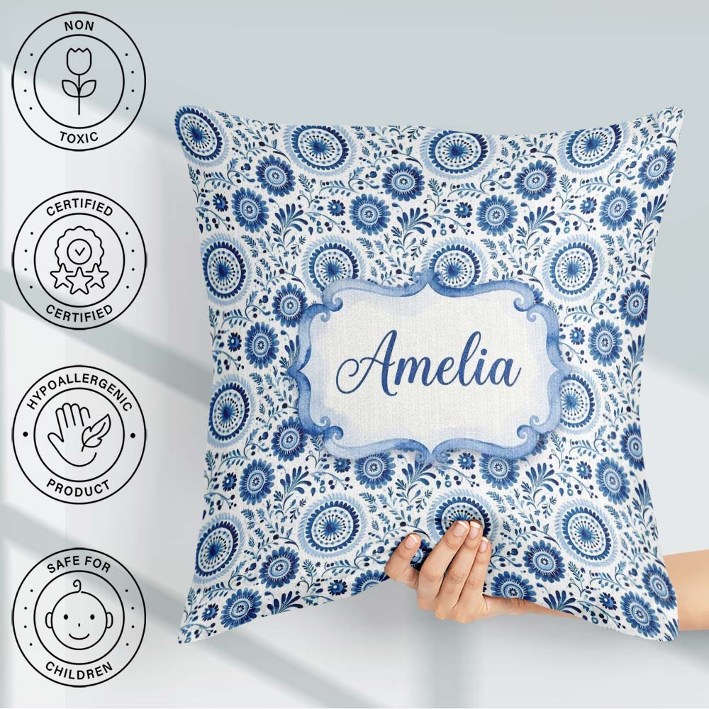 Custom Name Blue Folk Art Floral Paisley Seamless Pattern Cute Square Filled Cushion Throw Pillow Sofa Bed Home Decor Zip Washable UK Made