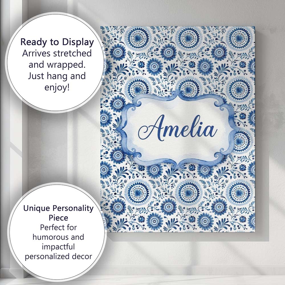 Personalised Name Blue Folk Floral Custom Stylish Home Interior Unique Gift Idea Canvas Wall Art Print Decor Picture Ready to Hang