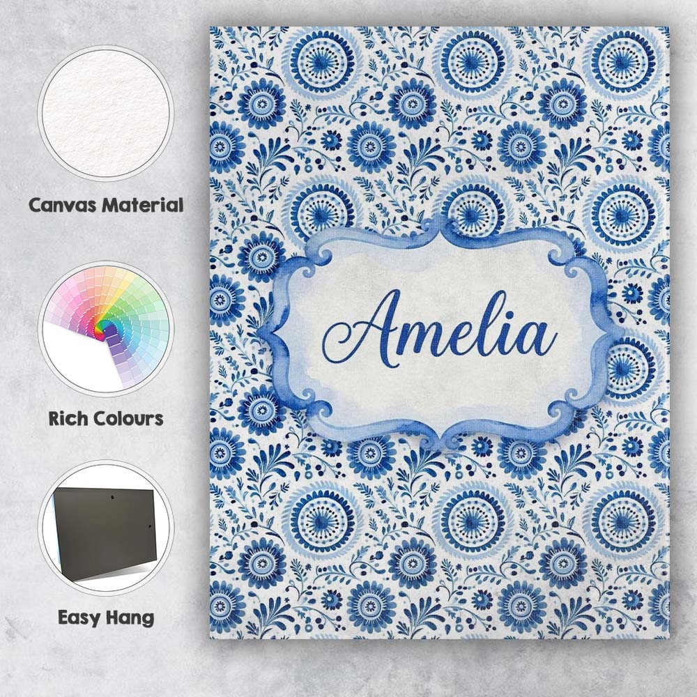 Personalised Name Blue Folk Floral Custom Stylish Home Interior Unique Gift Idea Canvas Wall Art Print Decor Picture Ready to Hang